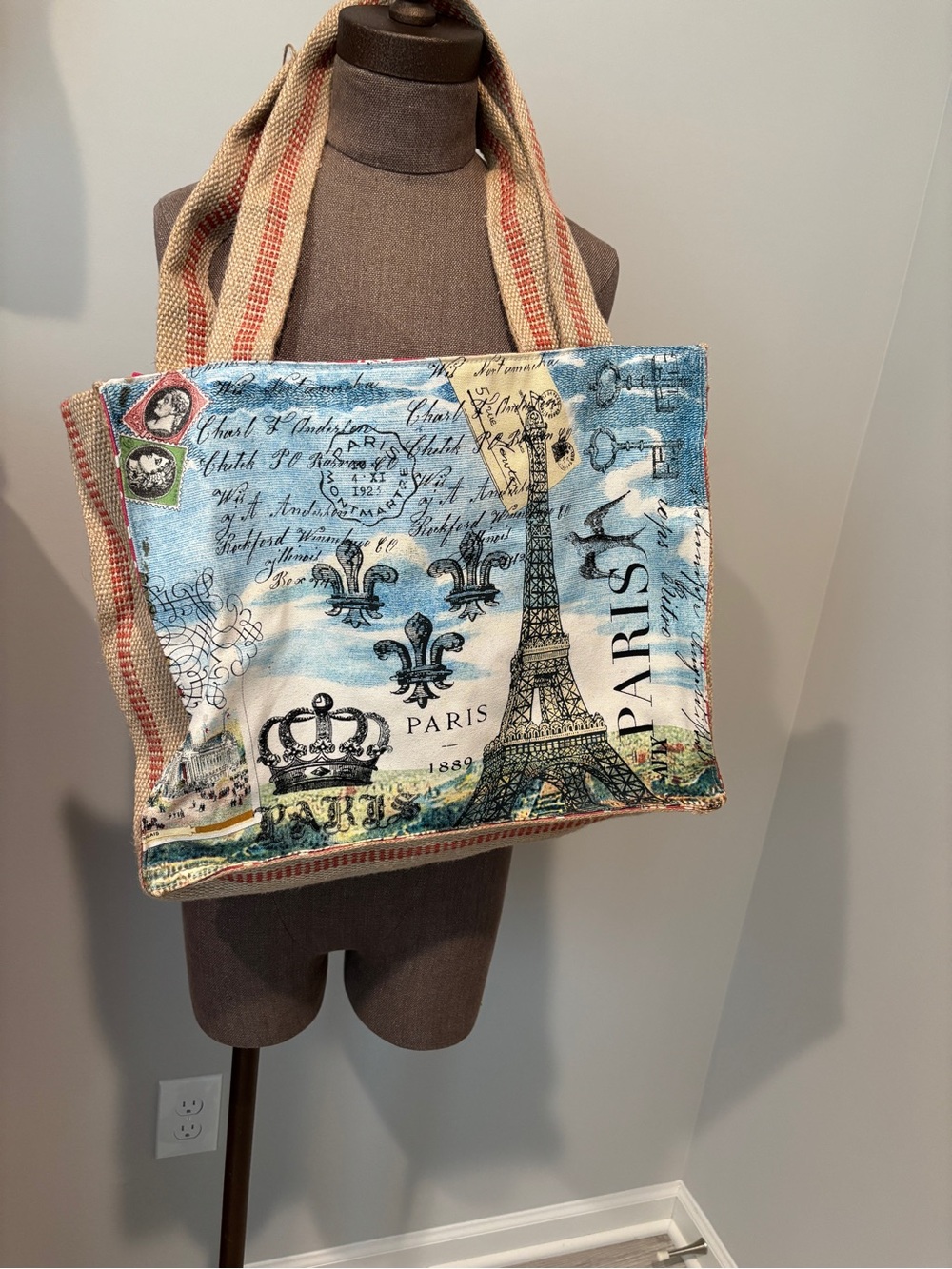 NWT Paris Eiffel Tower Printed Canvas Tote Bag in Blue and Tan